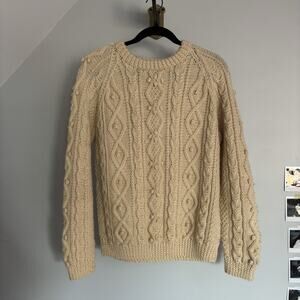 Vintage Handmade Bobble Irish Gorgeous Cream Cable Wool Sweater Size Medium